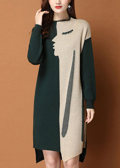 Green Patchwork Asymmetrical Design Slim Fit Fall Sweater Dress