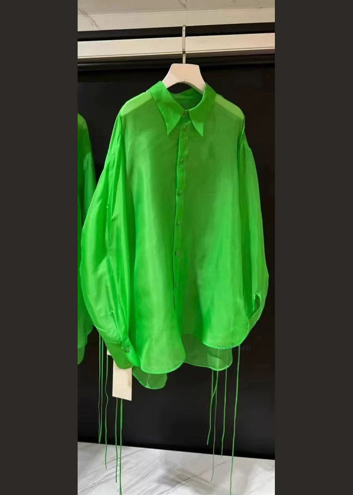Green Peter Pan Collar Low High Design Silk Shirt Spring