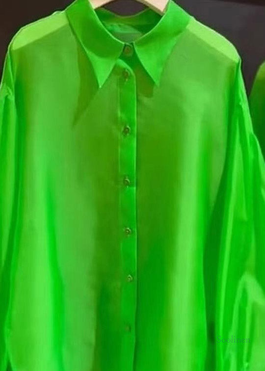 Fashion Green Peter Pan Collar Low High Design Silk Shirt Spring