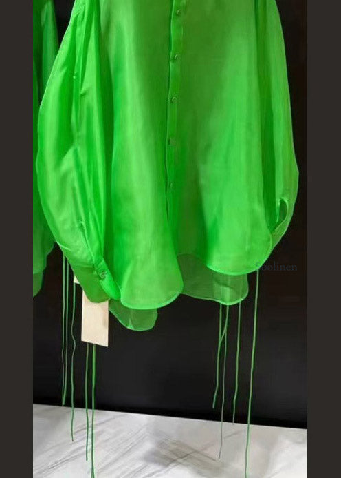 Green Peter Pan Collar Low High Design Silk Shirt Spring