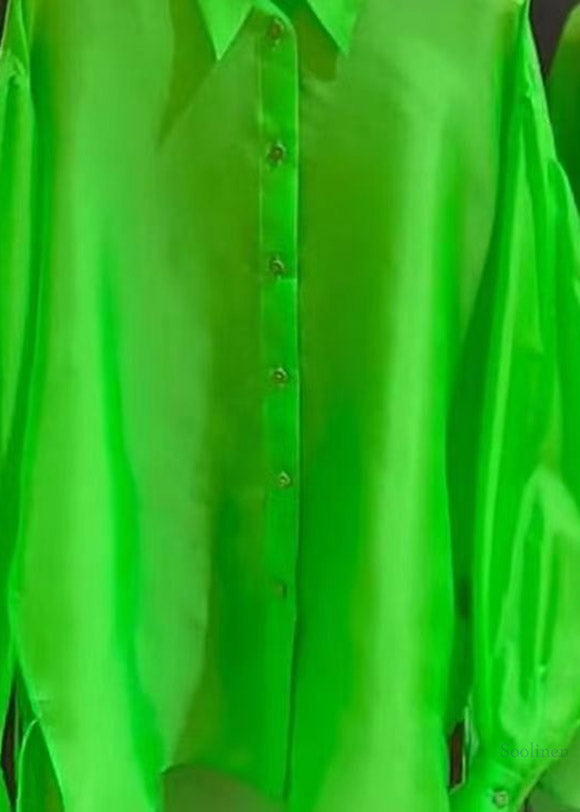Green Peter Pan Collar Low High Design Silk Shirt Spring