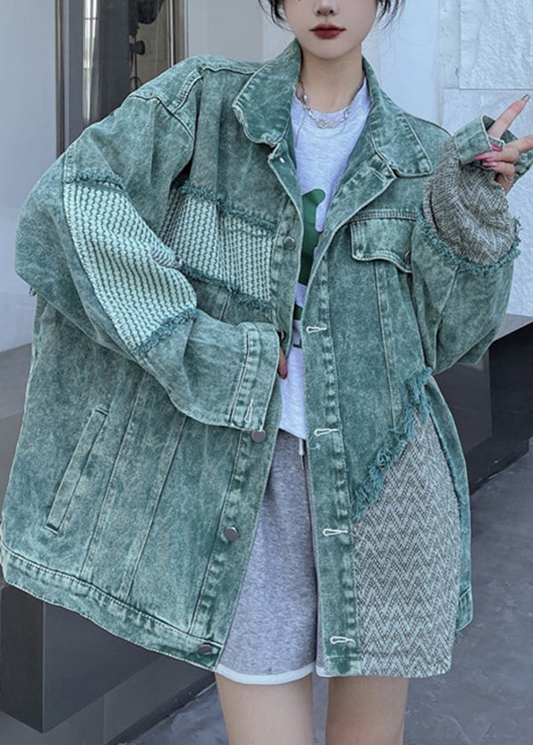 Green Peter Pan Collar Patchwork Denim Jacket Spring