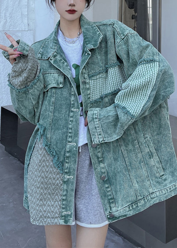 Green Peter Pan Collar Patchwork Denim Jacket Spring