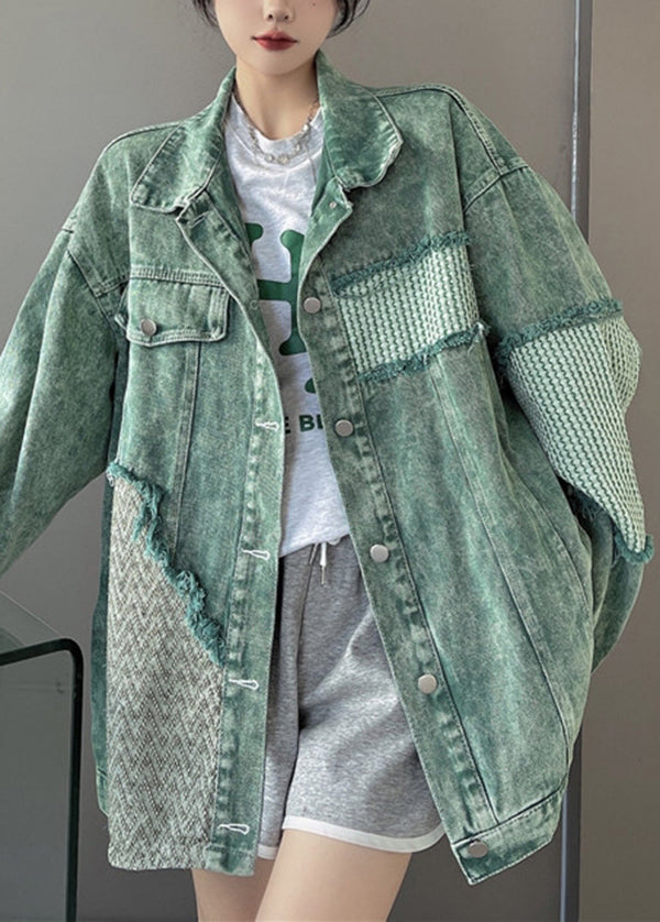 Green Peter Pan Collar Patchwork Denim Jacket Spring