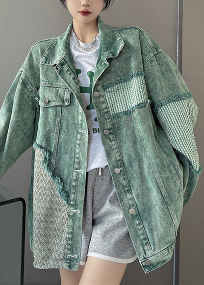 Green Peter Pan Collar Patchwork Denim Jacket Spring