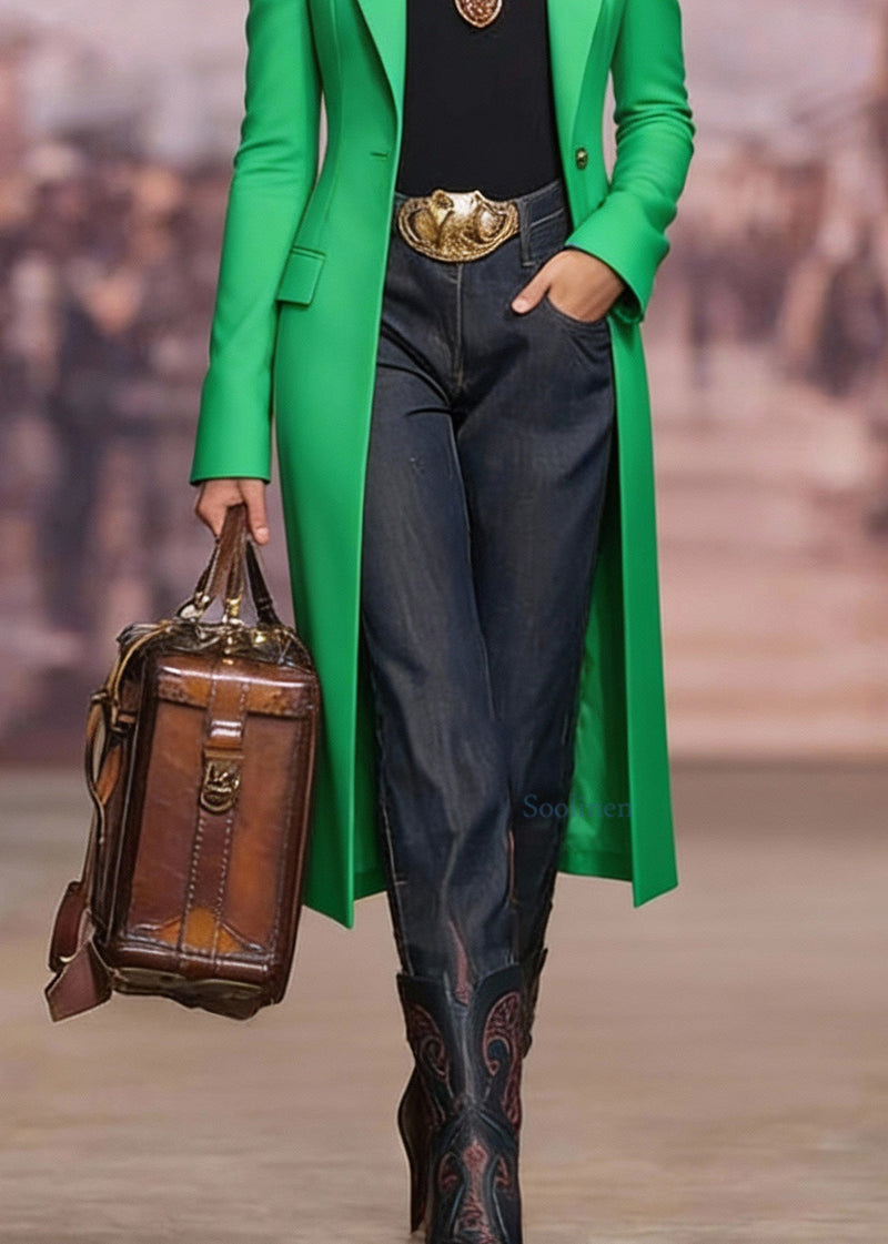 Green Peter Pan Collar Pockets Cotton Suit Coat Spring