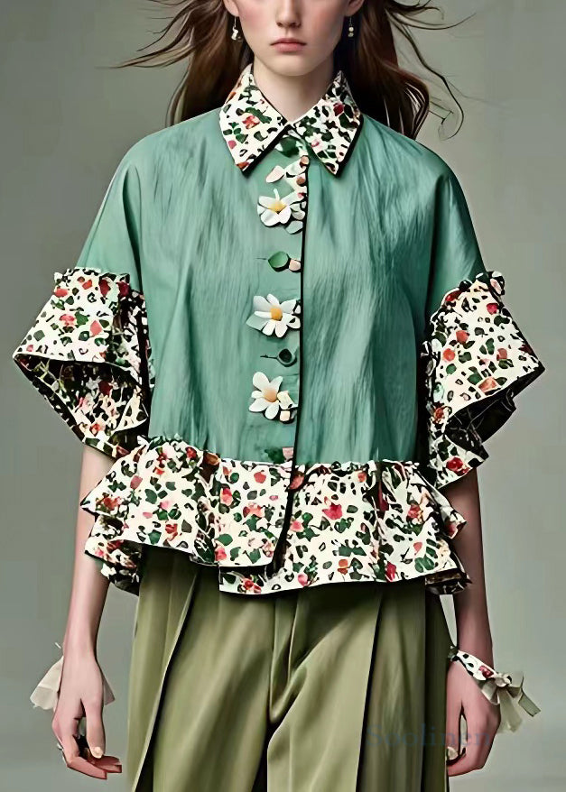 Green Peter Pan Collar Print Cotton Blouses Half Sleeve