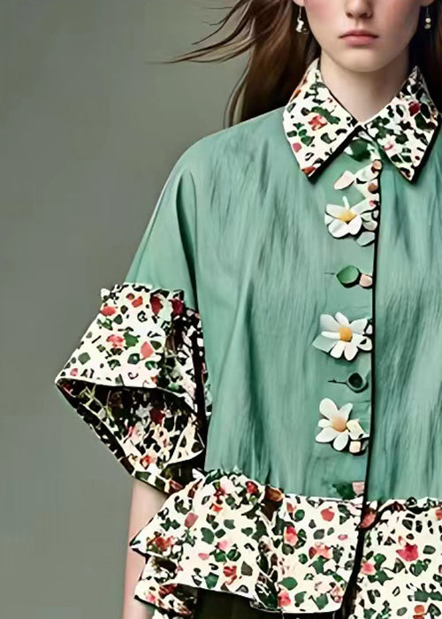 Green Peter Pan Collar Print Cotton Blouses Half Sleeve