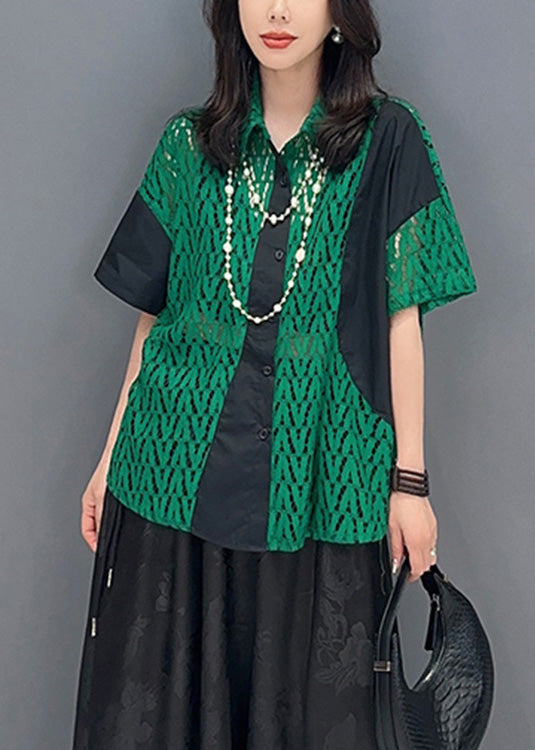 Green Peter Pan Collar Print Patchwork Button Shirts Short Sleeve