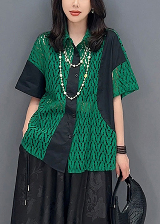 Green Peter Pan Collar Print Patchwork Button Shirts Short Sleeve