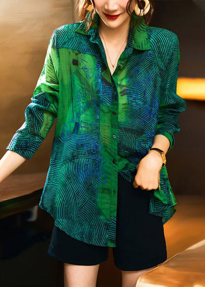 Fashion Green Peter Pan Collar Print Patchwork Cotton Shirts Long Sleeve