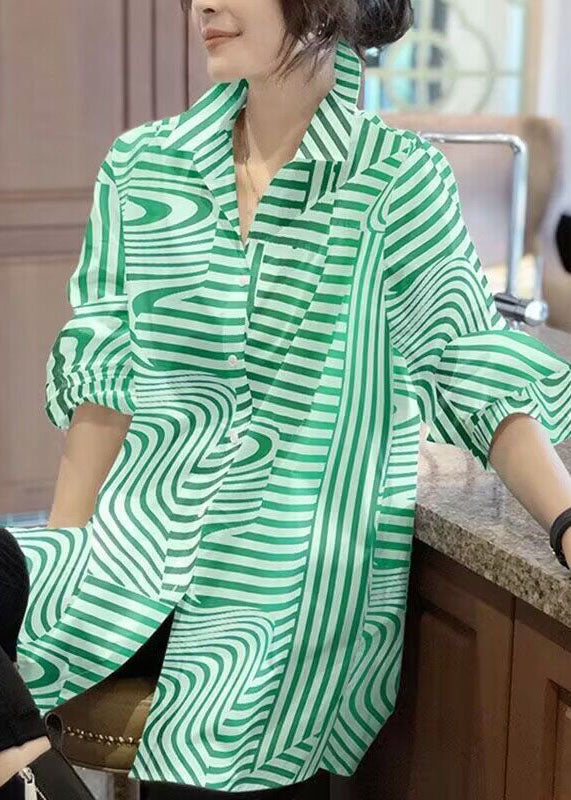 Green Peter Pan Collar Striped Chiffon Shirts Top Spring