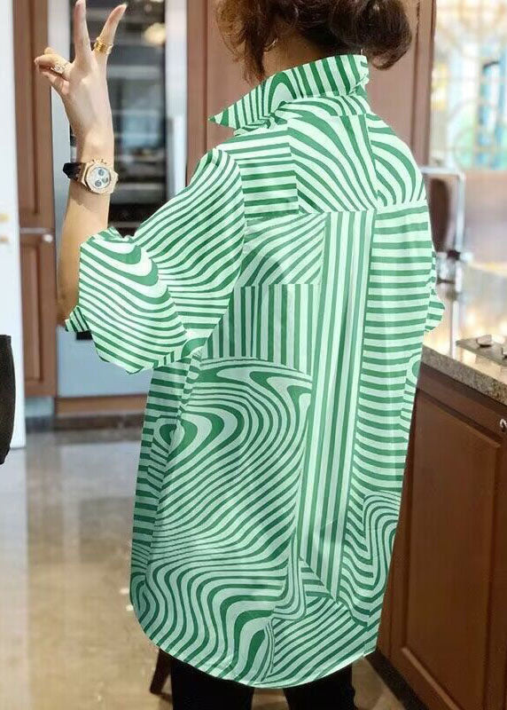 Green Peter Pan Collar Striped Chiffon Shirts Top Spring