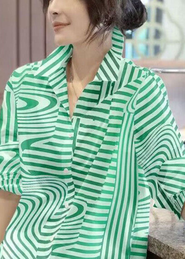 Green Peter Pan Collar Striped Chiffon Shirts Top Spring