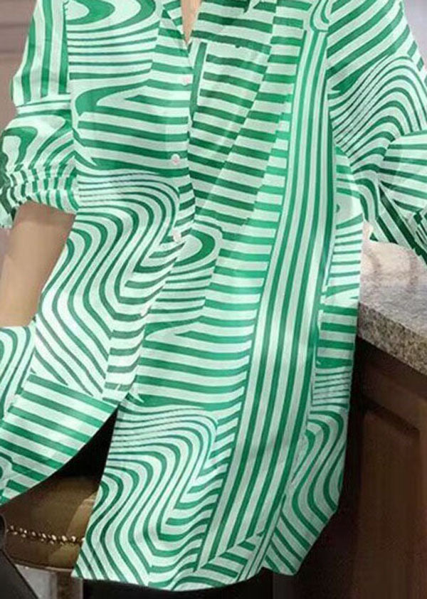 Green Peter Pan Collar Striped Chiffon Shirts Top Spring