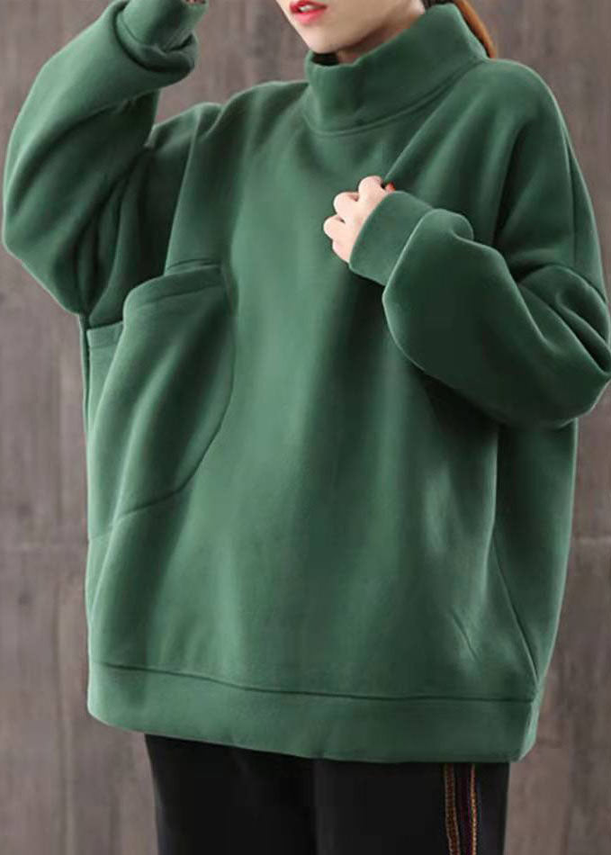 Green Pockets Warm Fleece Sweatshirts Top Winter