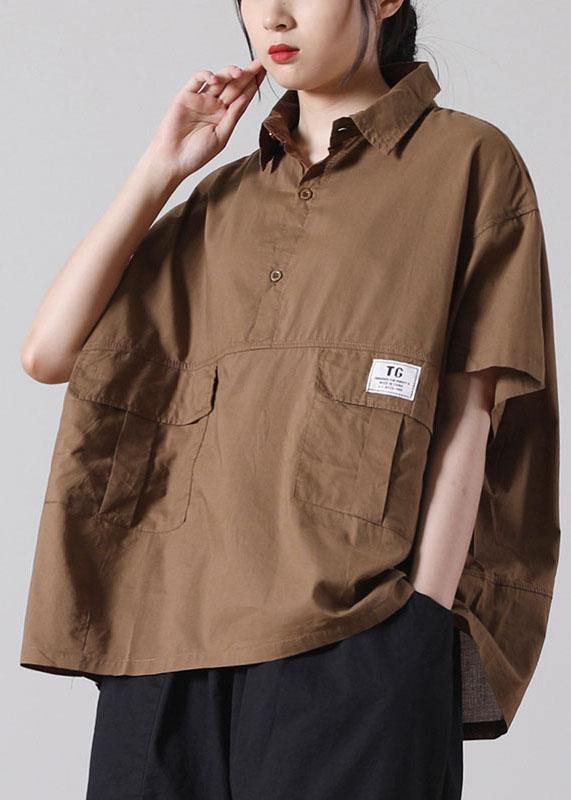 Green Pockets Cotton Blouse Tops Short Sleeve