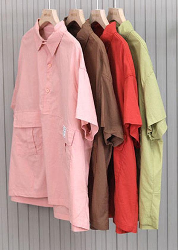Green Pockets Cotton Blouse Tops Short Sleeve