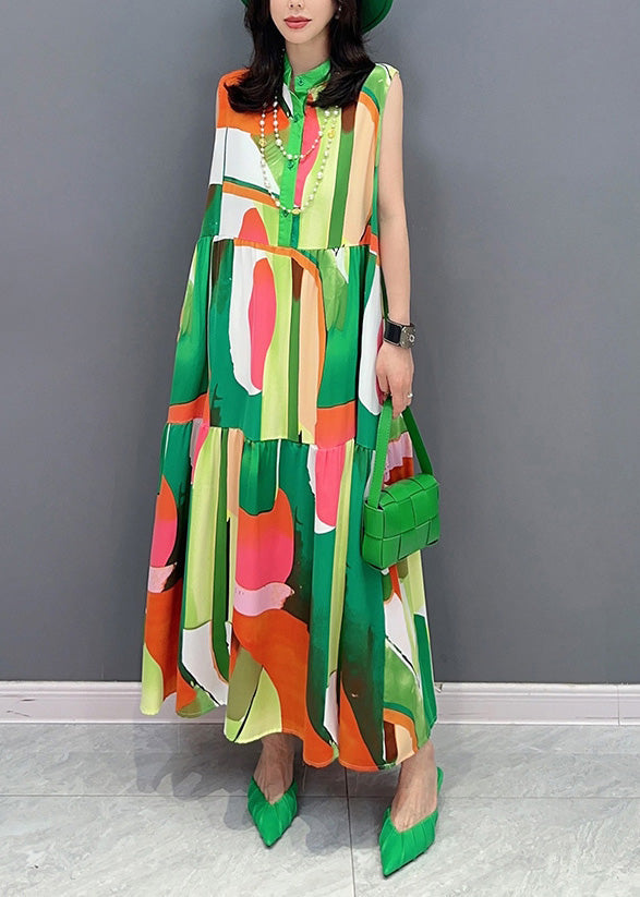 Green Print Button Vacation Maxi Dresses Sleeveless