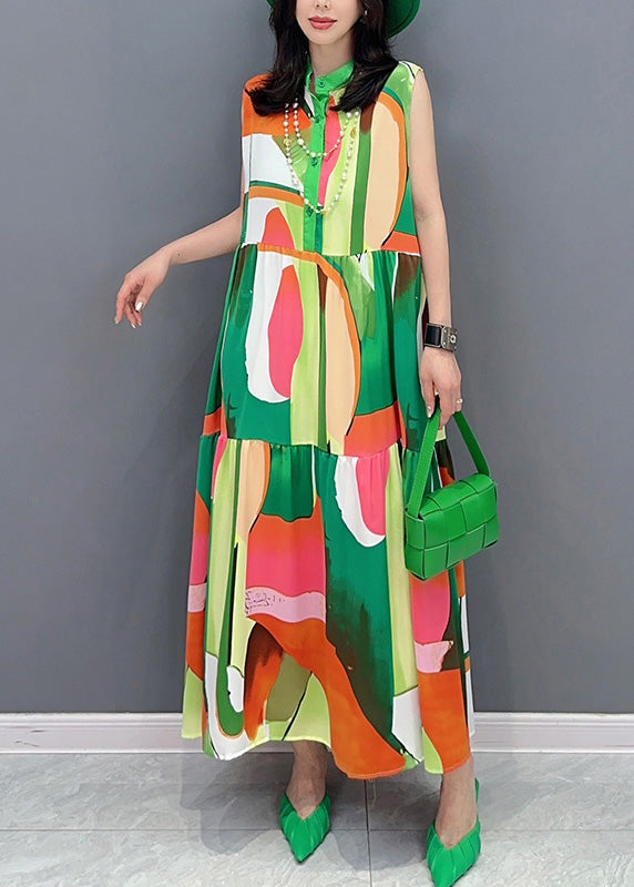 Green Print Button Vacation Maxi Dresses Sleeveless