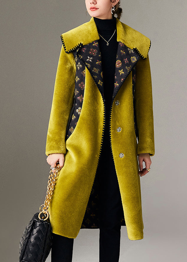 Green Print Pockets Faux Fur Woolen Coats Spring