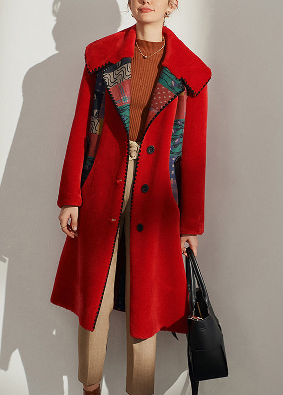 Green Print Pockets Faux Fur Woolen Coats Spring