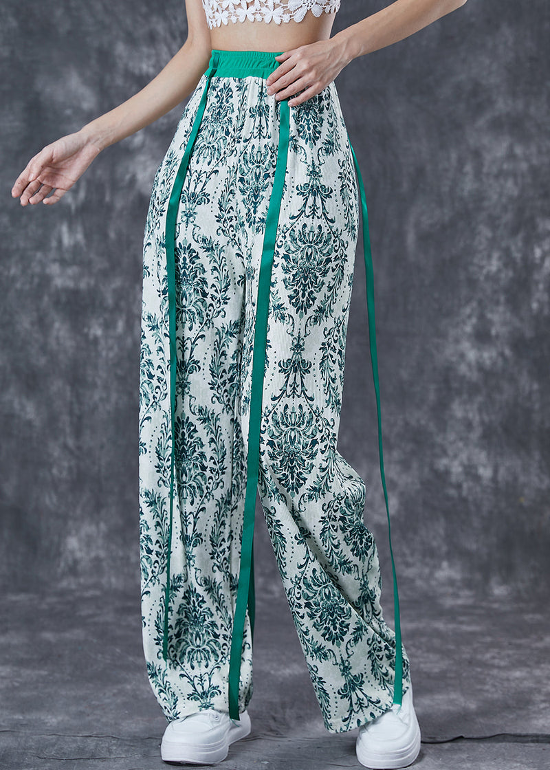 Green Print Ribbon Cotton Straight Pants Fall