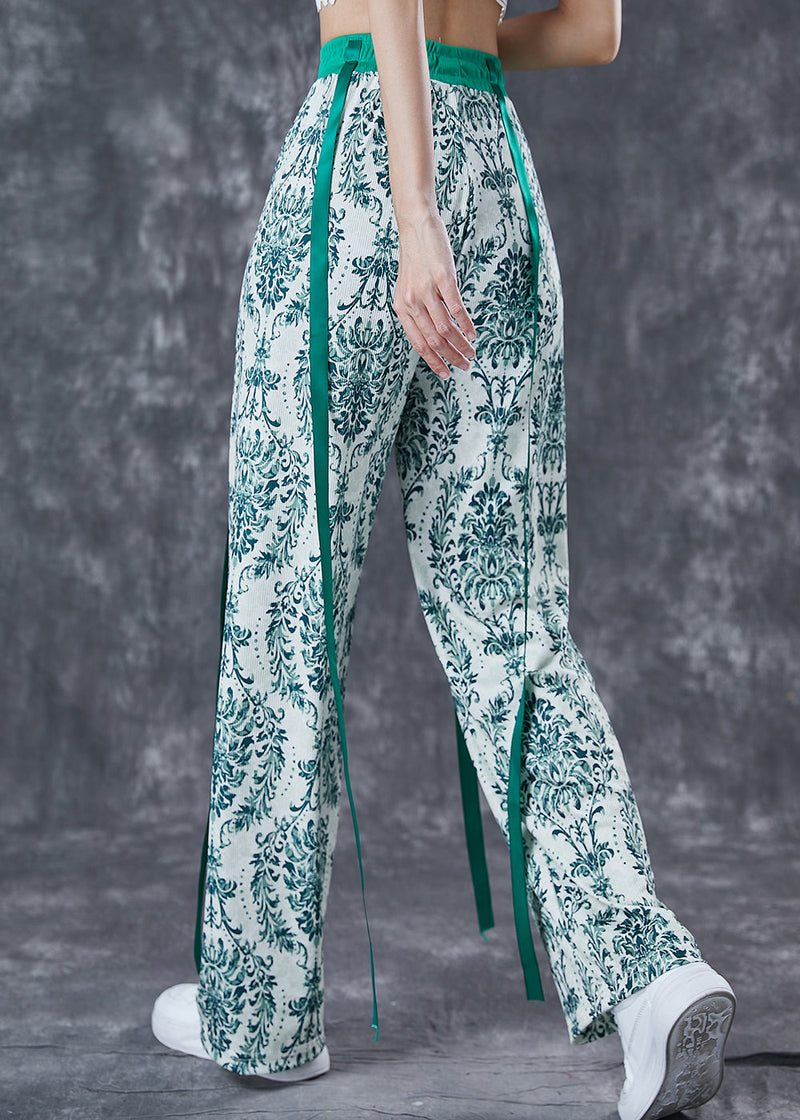 Green Print Ribbon Cotton Straight Pants Fall