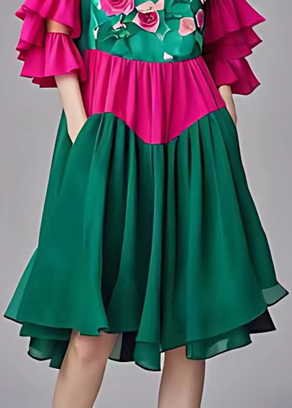 Green Print Tulle Patchwork Chiffon Mid Dress Butterfly Sleeve