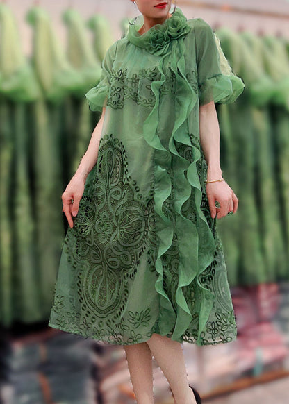 Green Ruffled Embroideried Patchwork Tulle Dresses Summer