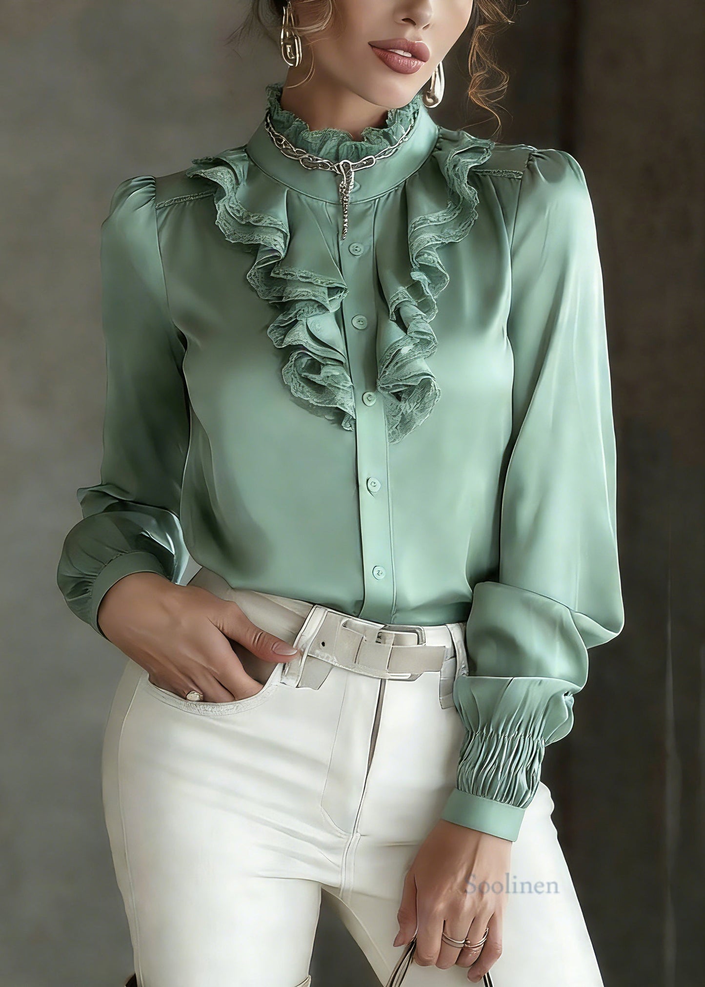 Fashion Green Ruffled Patchwork Silk Shirt Lantern Sleeve