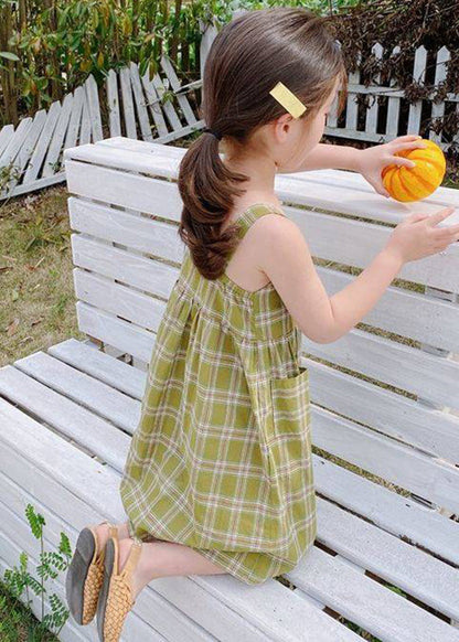 Green Square Collar Plaid Patchwork Button Long Dress Sleeveless