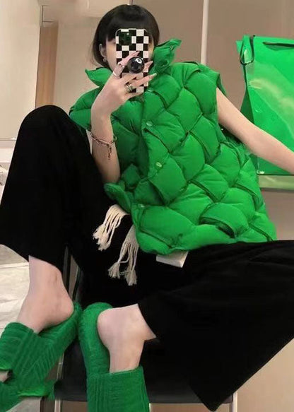 Green Stand Collar Woven Thick Duck Down Vest Winter