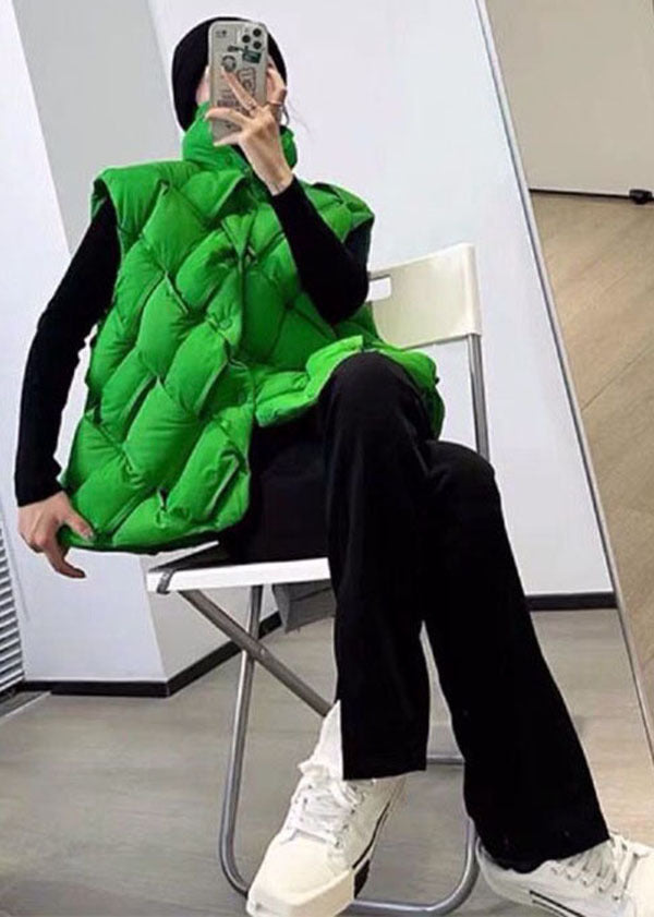 Green Stand Collar Woven Thick Duck Down Vest Winter