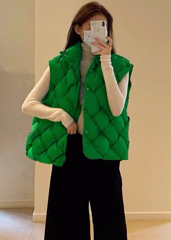 Green Stand Collar Woven Thick Duck Down Vest Winter