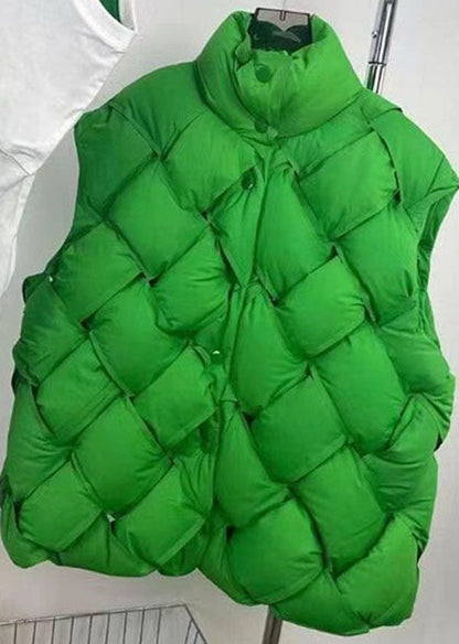 Green Stand Collar Woven Thick Duck Down Vest Winter