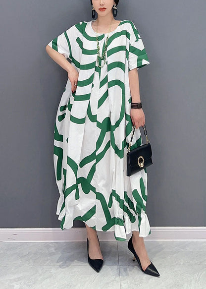 Green Striped Oversized Wrinkled Cotton Maxi Dresses Summer