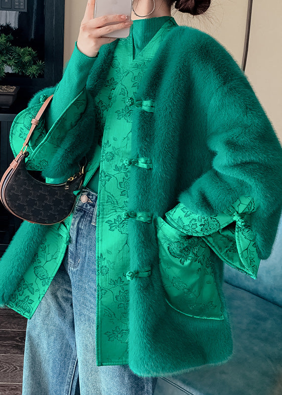 Green V Neck Button Thick Leather and Fur Coats Winter