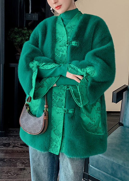 Green V Neck Button Thick Leather and Fur Coats Winter