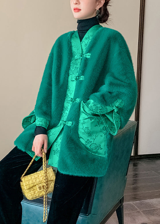 Green V Neck Button Thick Leather and Fur Coats Winter