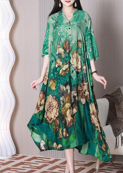 Green V Neck Oversized Print Silk a Line Dress Half Sleeve