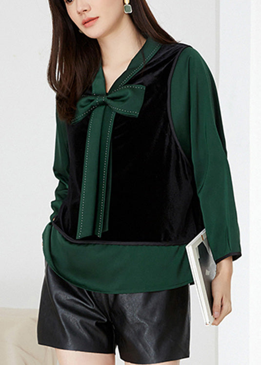 Green V Neck Patchwork Bow Velour Tops Spring