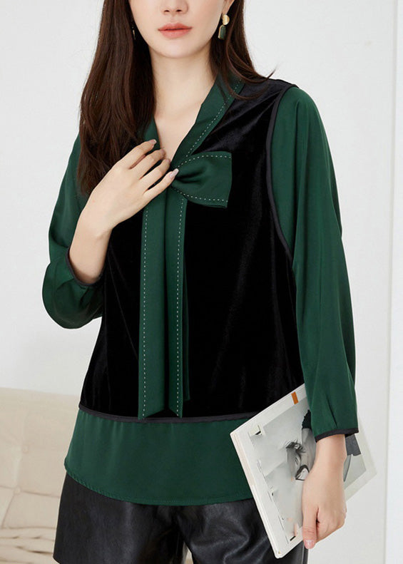 Green V Neck Patchwork Bow Velour Tops Spring
