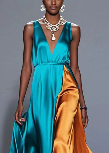 Green V Neck Patchwork Exra Large Hem Silk Cami Dress Summer