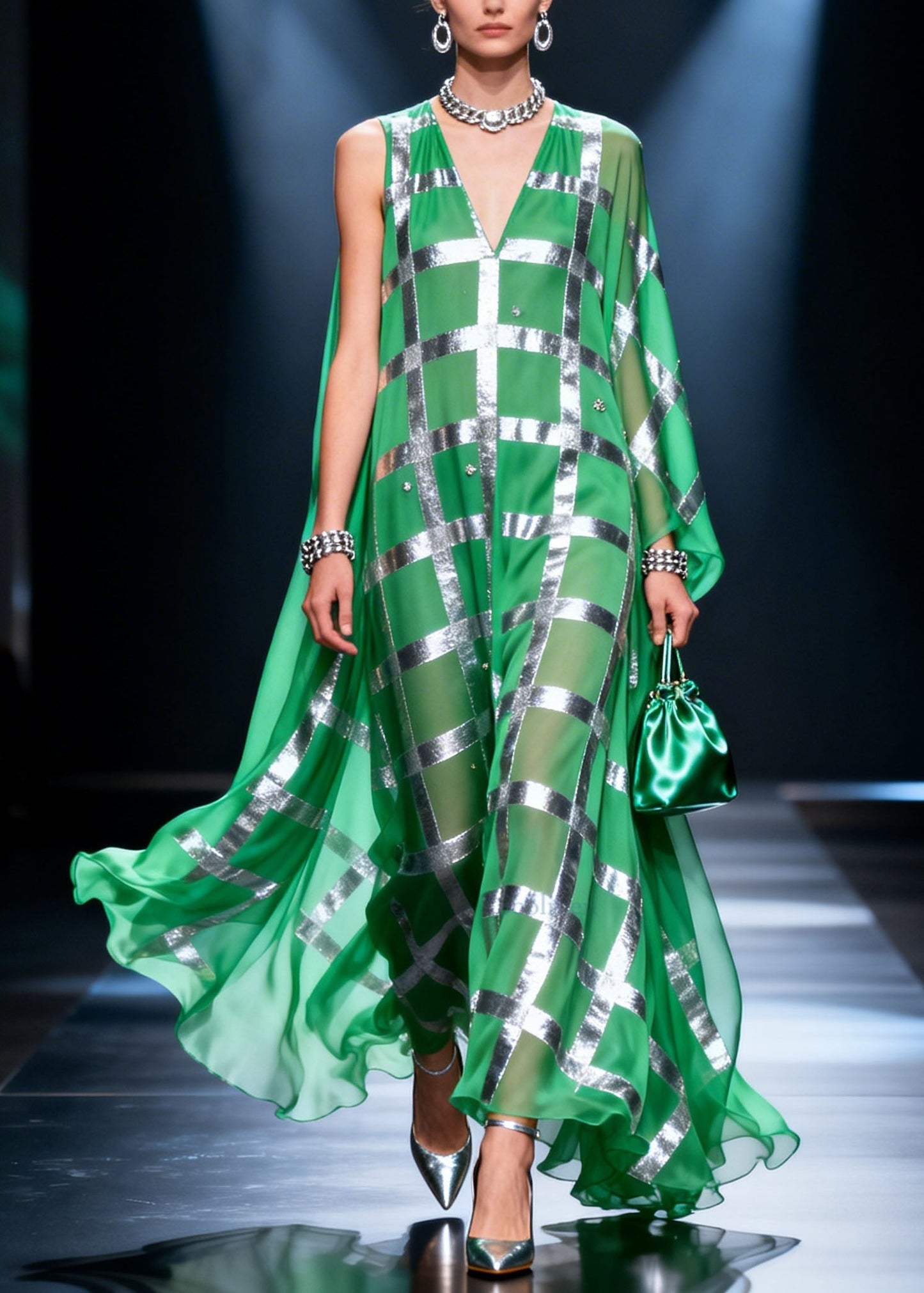 Green V Neck Print Chiffon Long Dress Summer