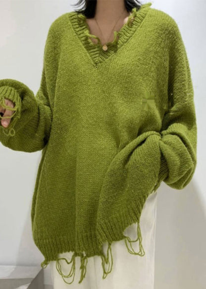 Green V Neck Ripped Ma Hai Mao Knit Sweaters Spring