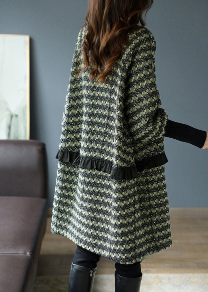 Green V Neck Ruffled Striped Knit Patchwork Thick Coat Long Sleeve