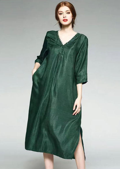 Green V Neck Wrinkled Jacquard Patchwork Silk Dress Summer