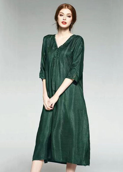 Green V Neck Wrinkled Jacquard Patchwork Silk Dress Summer