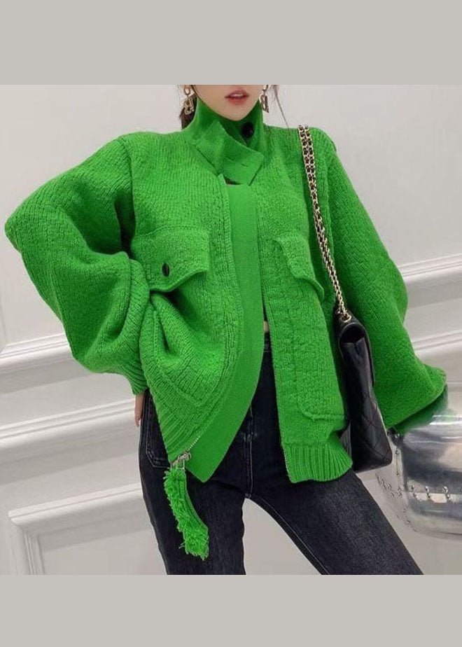 Green Zip Up Pockets Knitted Tops Coat Spring